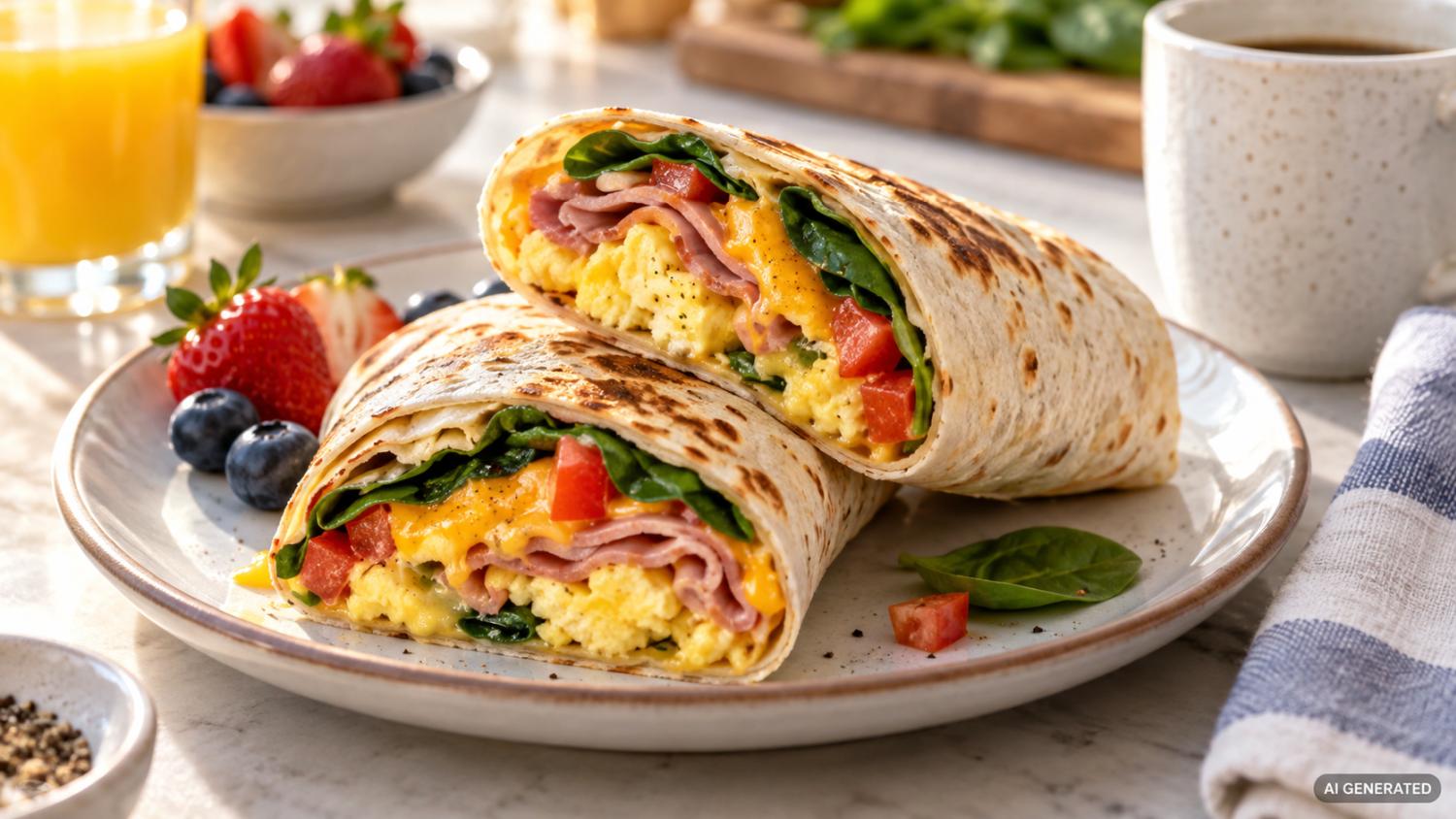 Śniadaniowy wrap z jajkiem i szynką